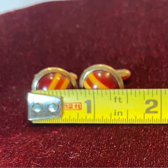 Vintage Lucite Swirl Cufflinks Red Yellow Mod Round Dome Mid Century - Picture 3 of 5